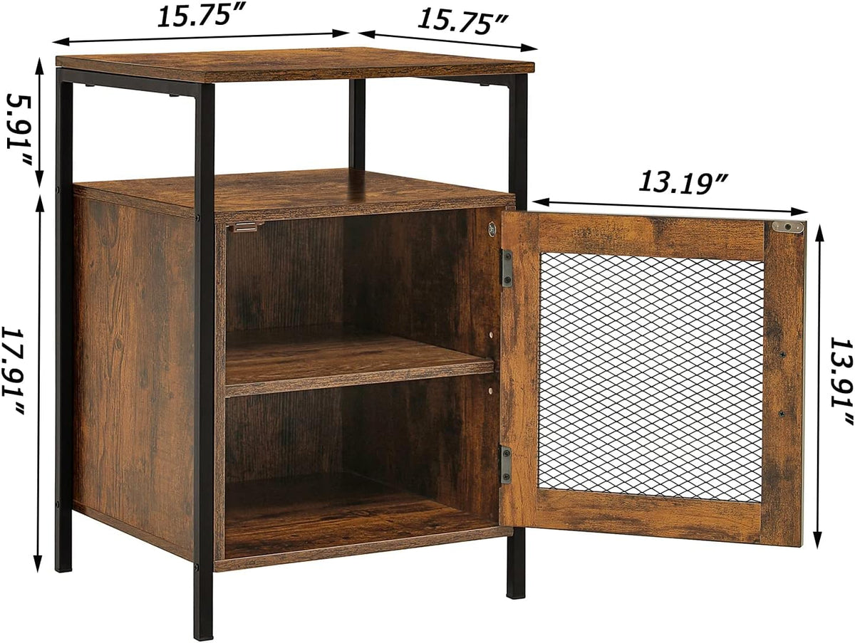 Rustic Brown Night Stand with Open Shelf and Mesh Door J390