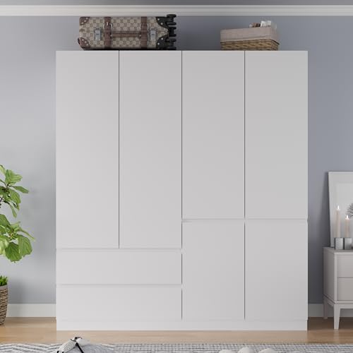 White 4 Door 2 Drawers Wooden Armoire Wardrobe with Shelves and Hanging Rod I87605