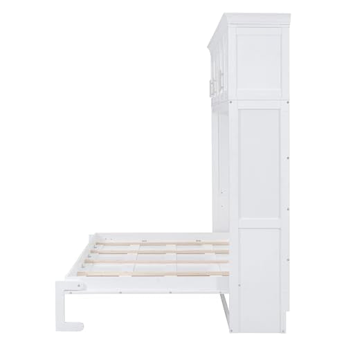 White Solid Wood Queen Murphy Bed with Cabinets P5636
