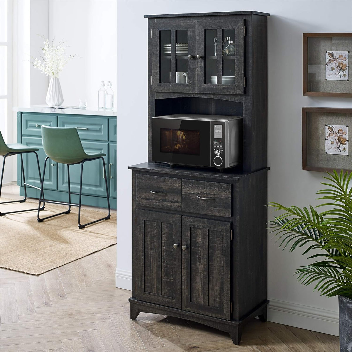 Charcoal Microwave Storage Stand with Double Door Top and Bottom Cabinets T760