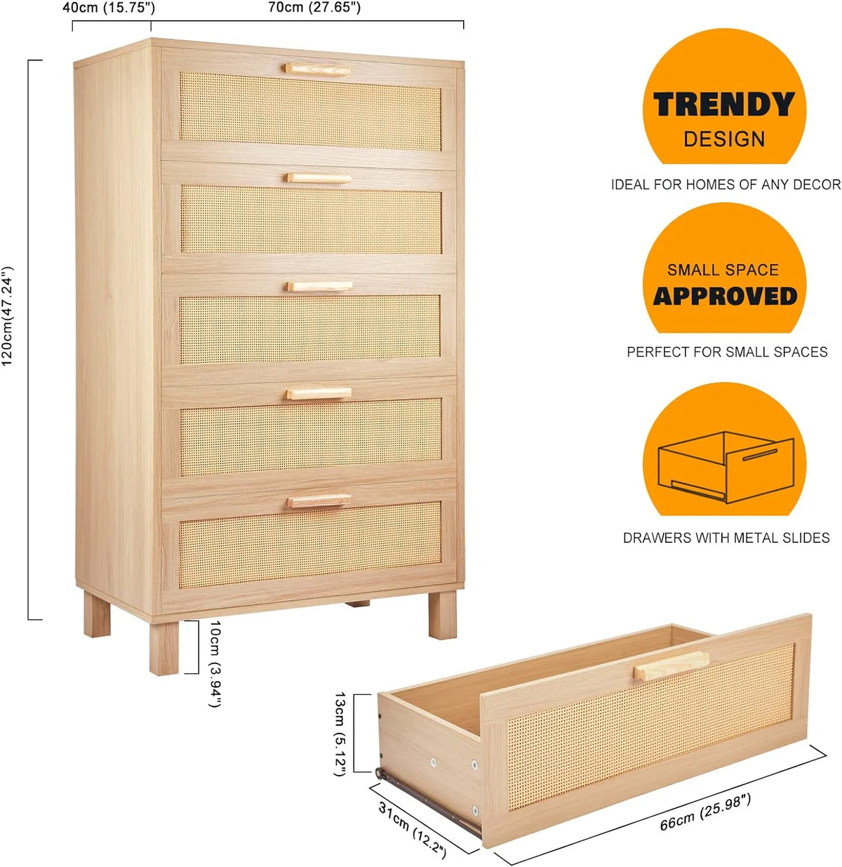 Oak 5 Drawer Rattan Dresser U8678