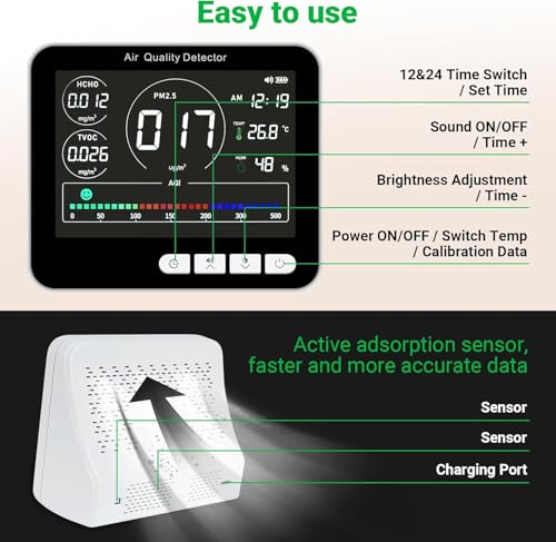 14 in 1 Air Quality Monitor Indoor with Beep Alarm, PM1.0|PM2.5|PM10|HCHO|TVOC|AQI|Temperature|Humidity|Time, Battery Powered Air Monitor J639254