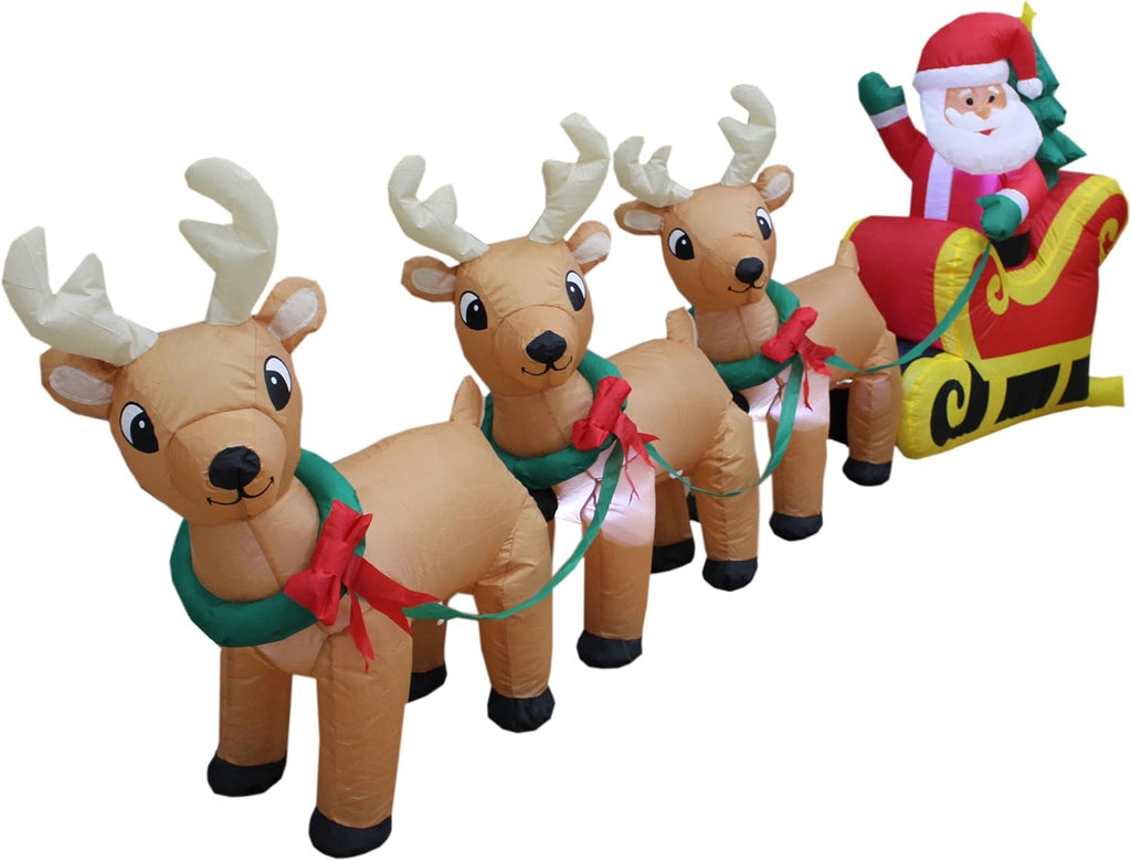 8 Foot Long Christmas Inflatable Santa Claus on Sleigh with 3 Reindeer and Christmas Tree LED Lights U30744