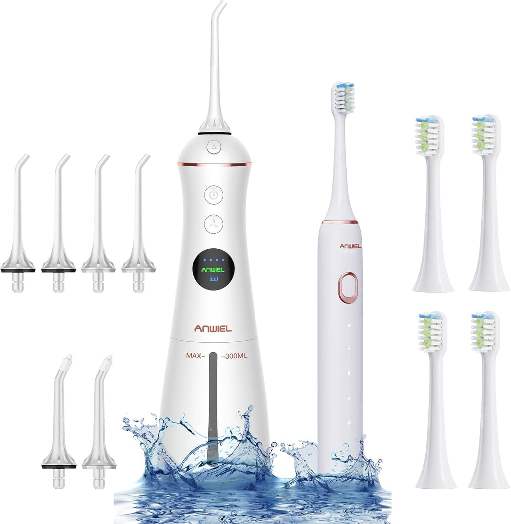 Cordless Water Flosser and Ultrasonic Electric Toothbrush Combo, 6 Jet Tips & 4 Brush Heads, IPX7 Waterproof, Pack of 2 W707