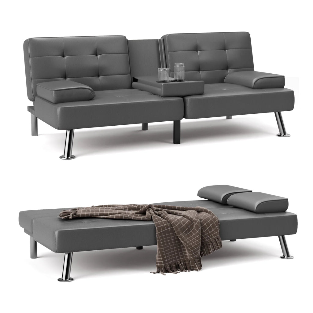 Faux Leather Convertible Futon Sofa Bed with 2 Cup Holders X886962