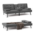 Faux Leather Convertible Futon Sofa Bed with 2 Cup Holders X886962