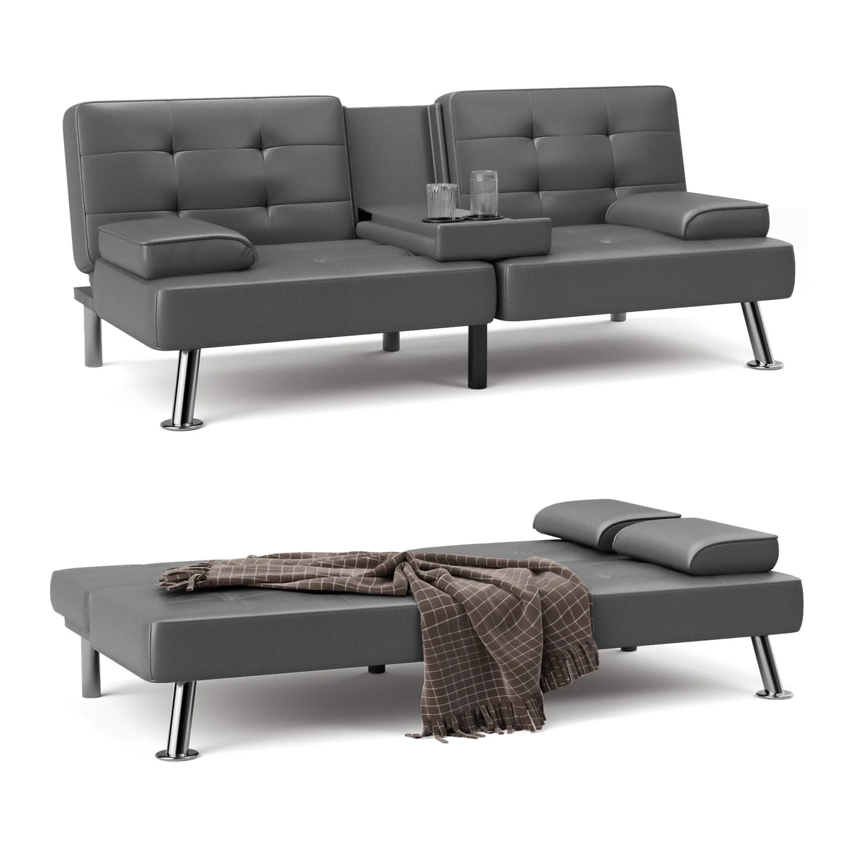 Faux Leather Convertible Futon Sofa Bed with 2 Cup Holders X886962
