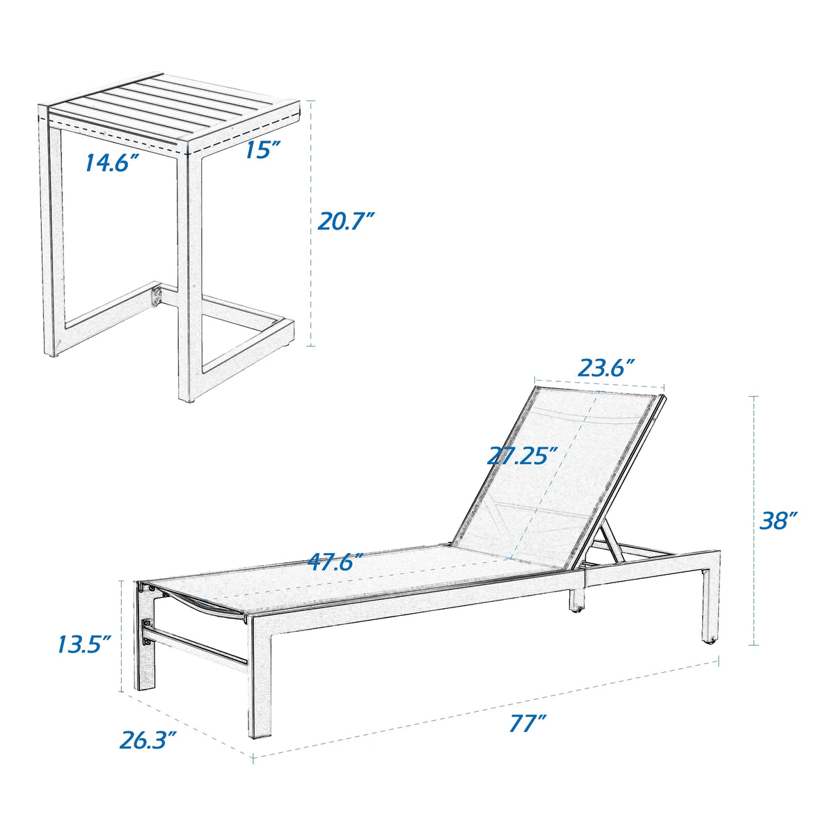 3 Pieces Outdoor Patio Aluminum Reclining Chaise Lounge Chairs Set with Side Table I177512