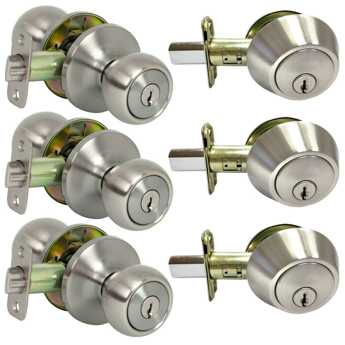 3 Pack Satin Nickel Round Ball Entry Door Knob and Deadbolt Combo R339