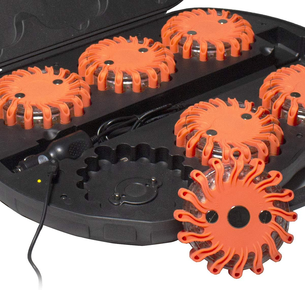 Rechargeable 16 LED Road Flare Disc Warning Beacon Emergency Flares with Charger & Carrying Case T53382