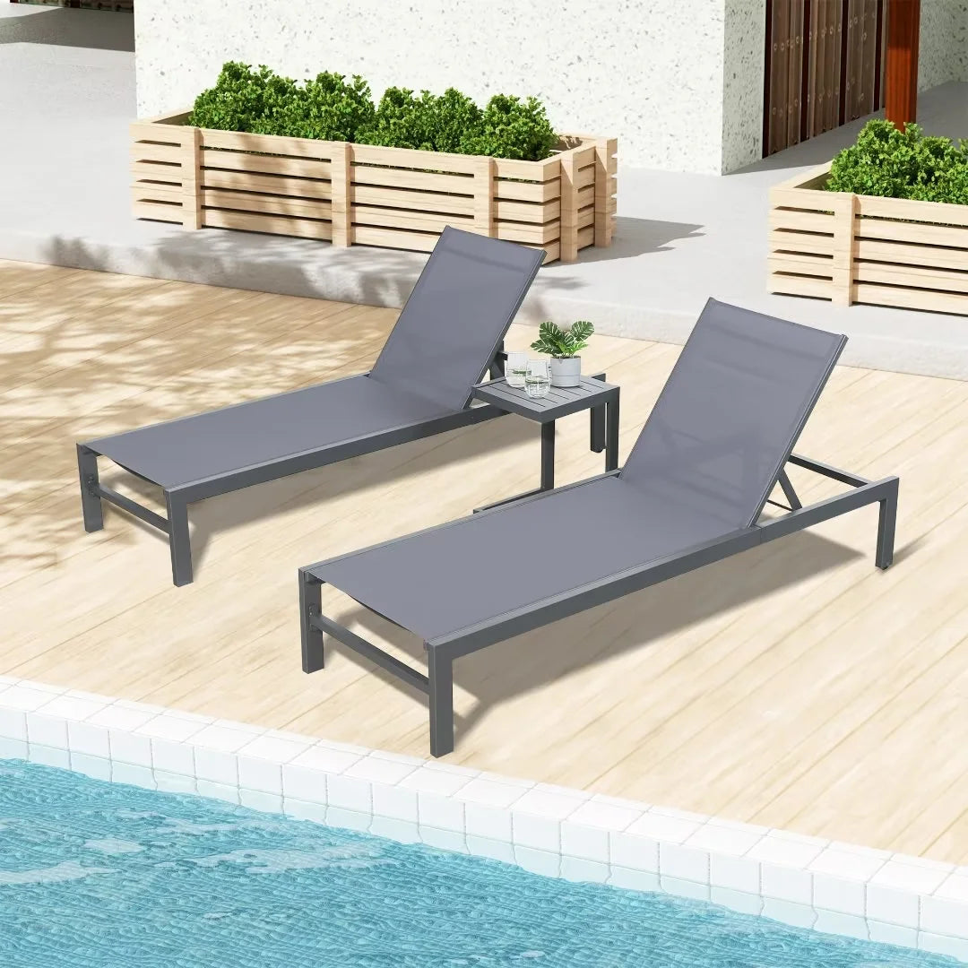 3 Pieces Outdoor Patio Aluminum Reclining Chaise Lounge Chairs Set with Side Table I177512