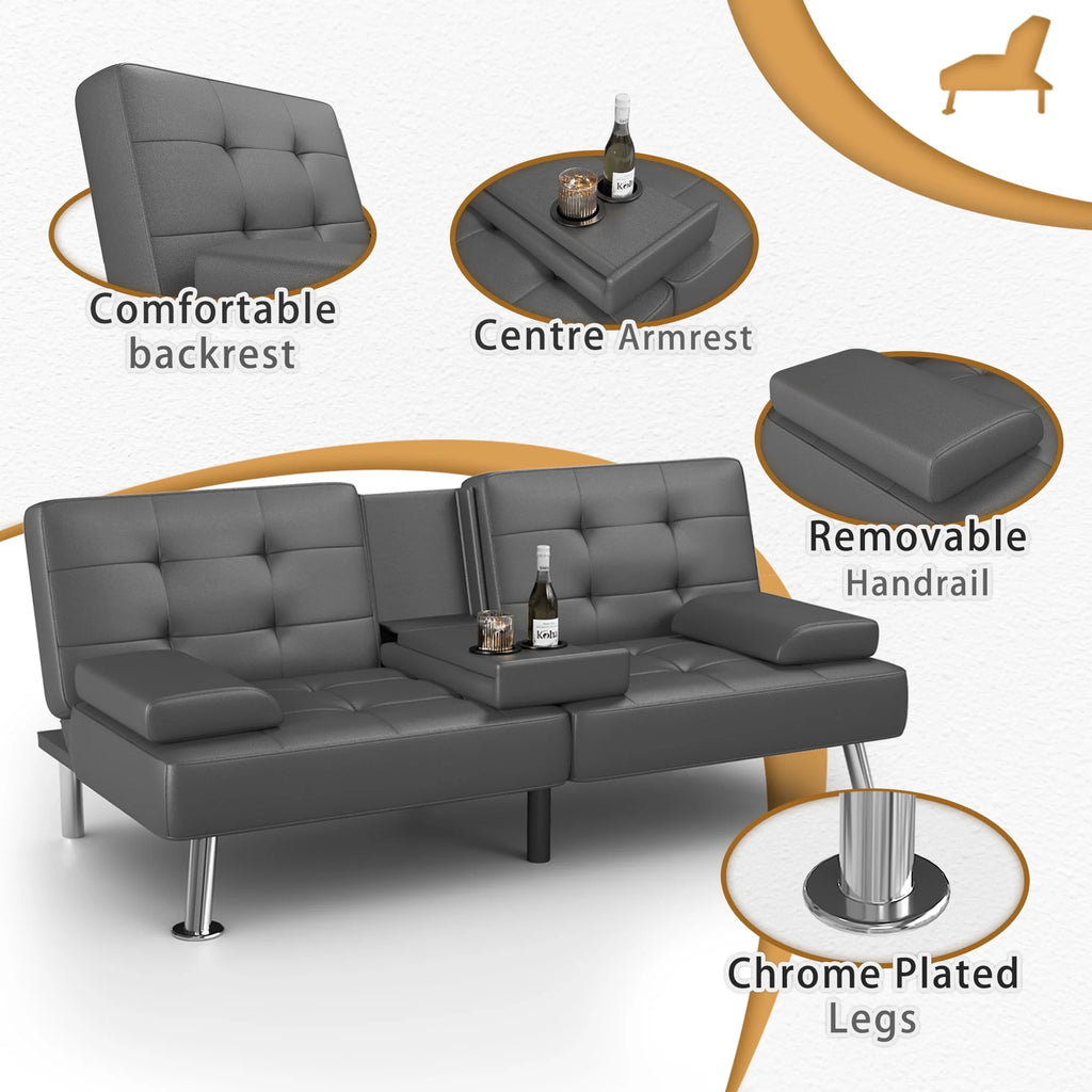 Faux Leather Convertible Futon Sofa Bed with 2 Cup Holders X886962