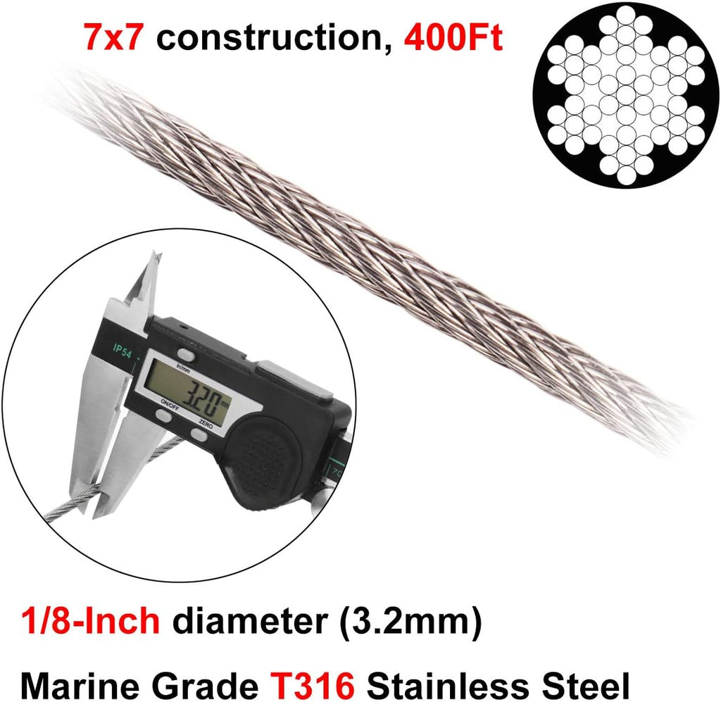 400FT 1/8 T316 Stainless Steel Wire Rope Cable with Cable Cutter N72598