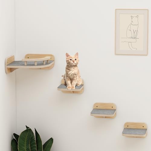 Cat Wall Furniture Corner Climbing Shelf Perches, Cat Bed Wall Mounted with 3 Wide Steps, Wood Color O35619