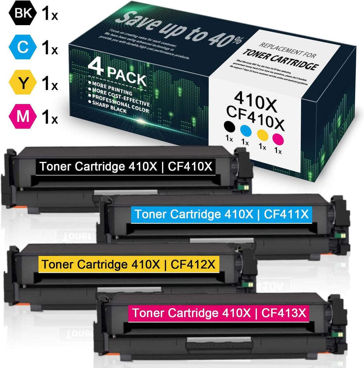 4 Pack High Yield CF410X CF411X CF412X CF413X Toner Cartridge Replacement for HP Color Pro M452 M477 MFP V958607