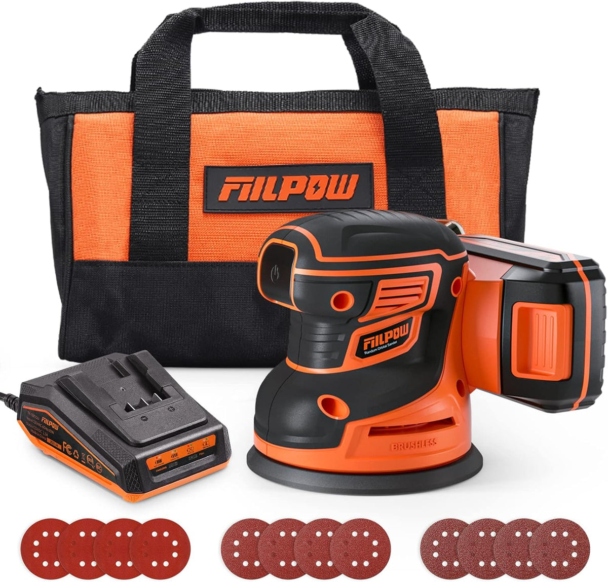 20V Brushless Cordless Random Orbital Sander with Battery, Dust Box, Sandpaper, Carrying Bag Y28447