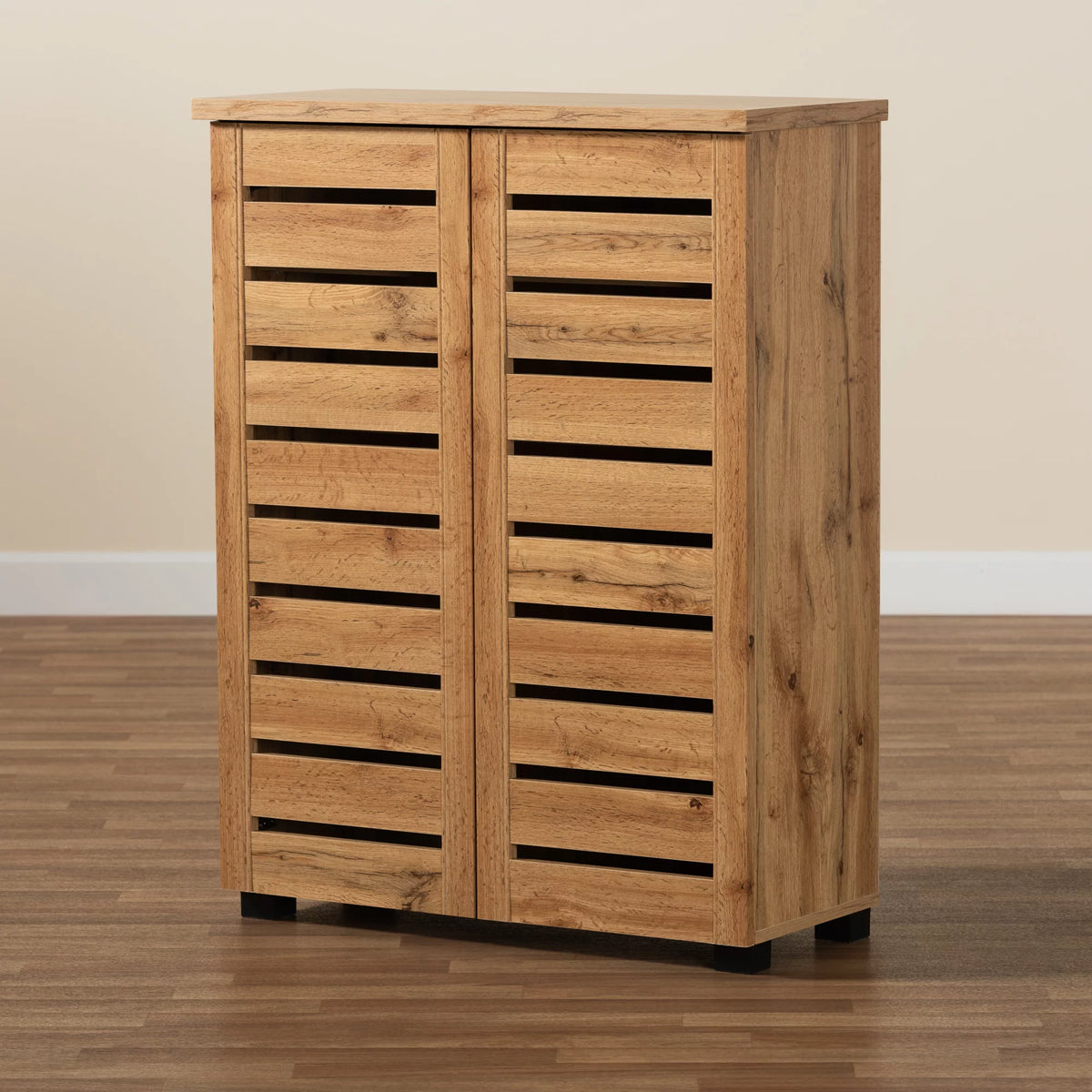 Oak Brown Finished Wood 2-Door Shoe Storage Cabinet E52727