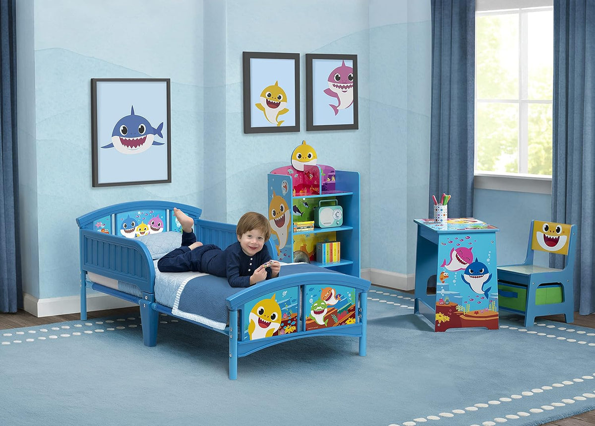 Baby Shark Plastic Toddler Bed and Twinkle Galaxy Dual Sided Crib and Toddler Mattress Bundle Y772779