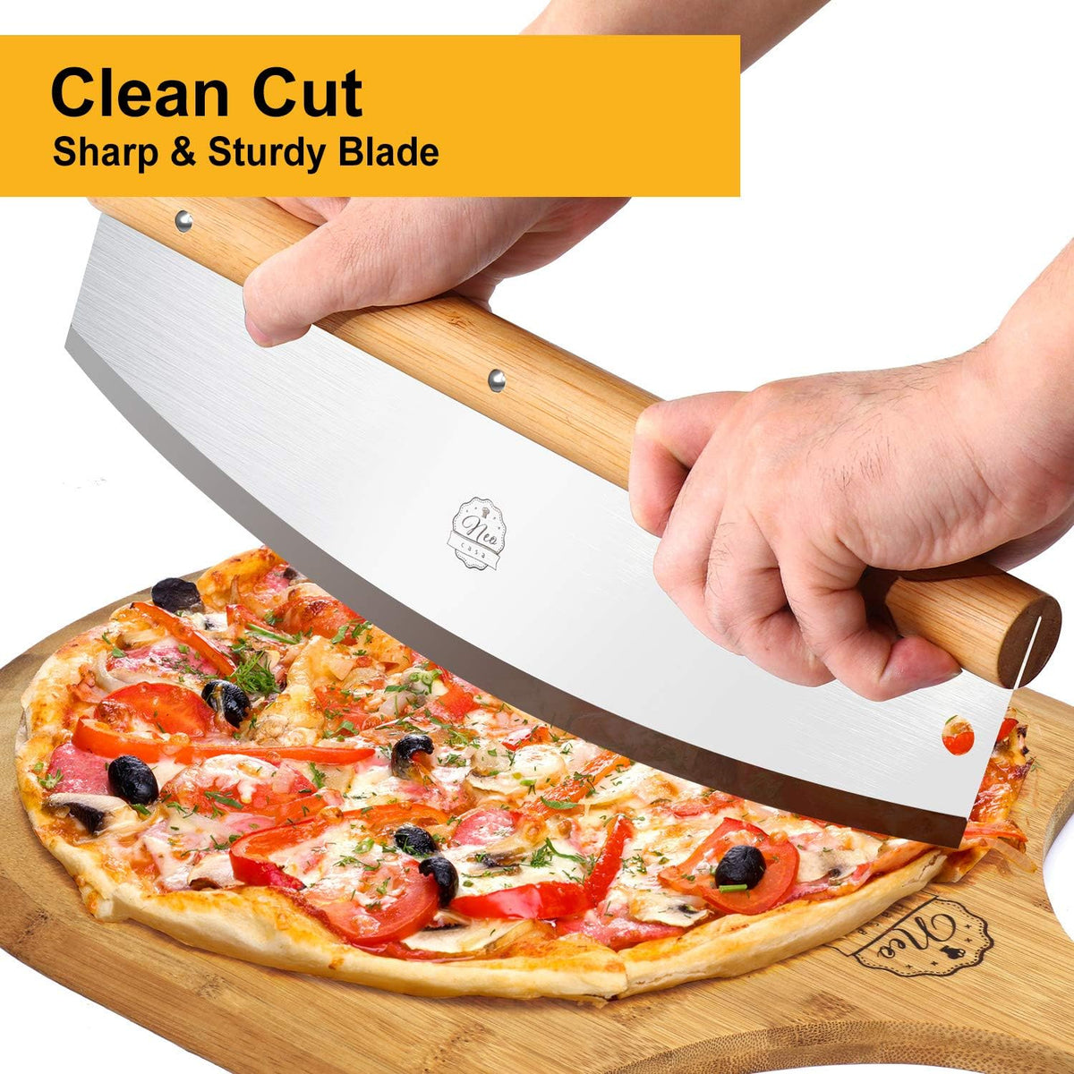 Black Cordierite Ceramic Coated Pizza Stone Pan Set with Bamboo Pizza Peel & Pizza Cutter L460