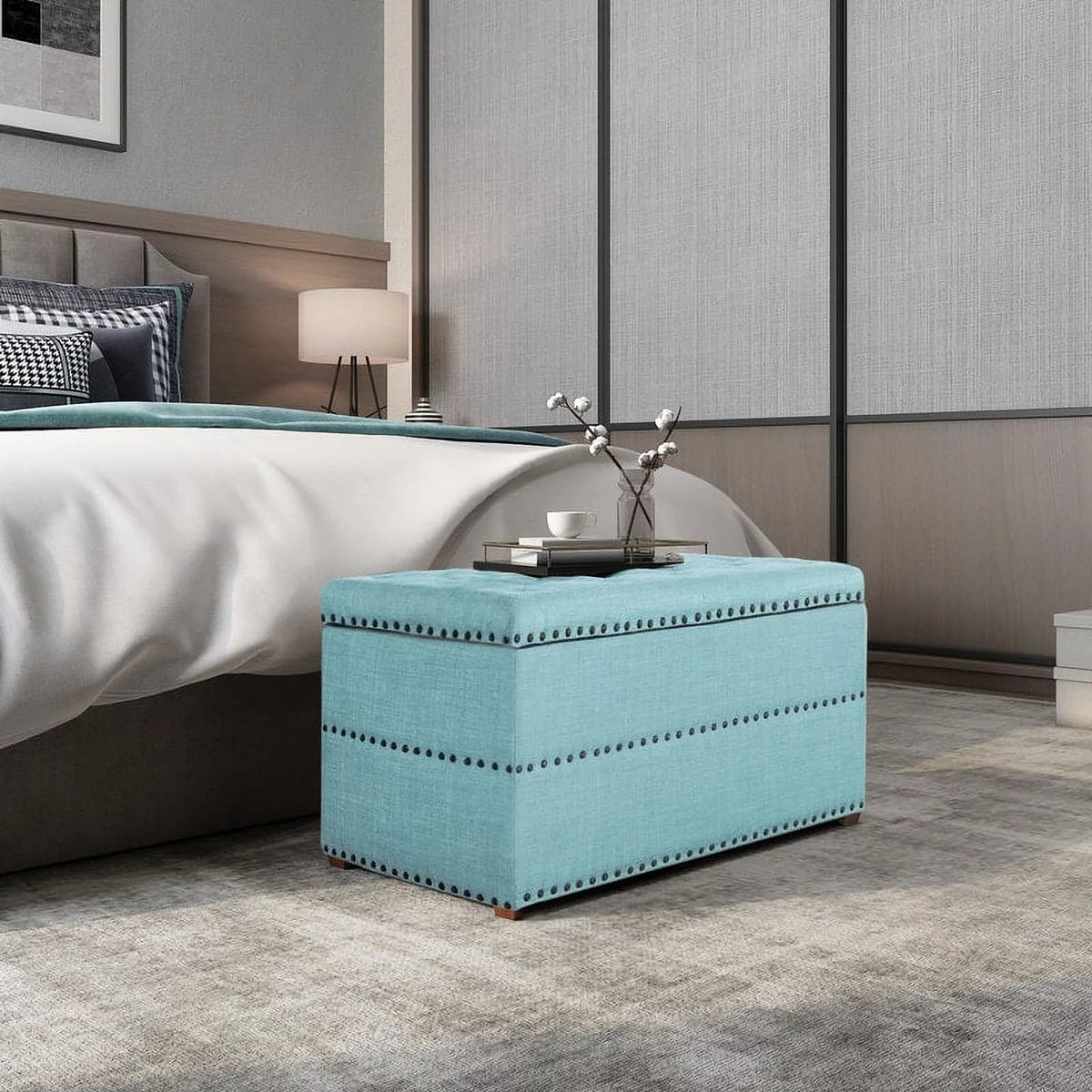 Beige Button Tufted Lift Top Storage Bench F587418