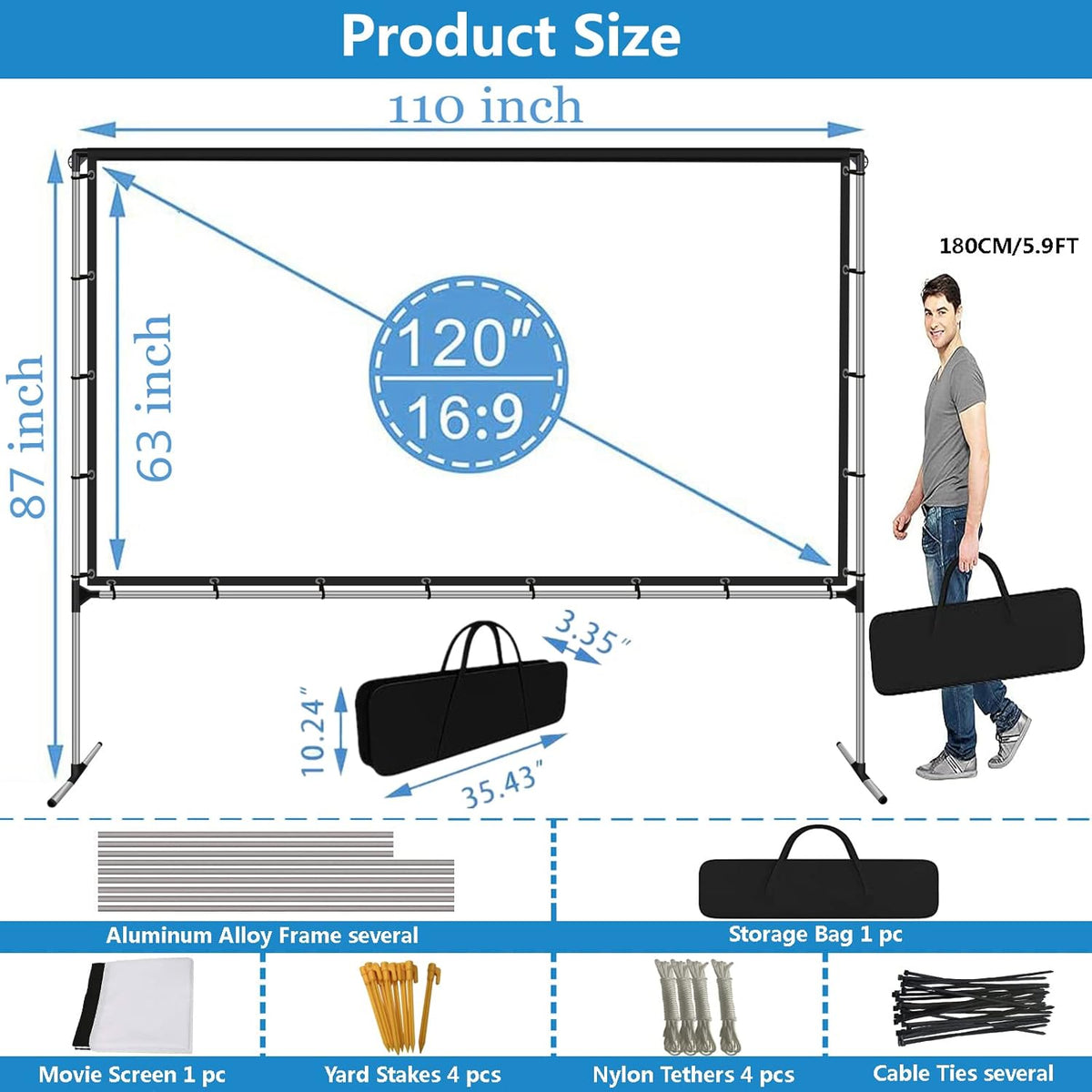 120 Inch Portable Projector Screen with Stand and Carry Bag N875923
