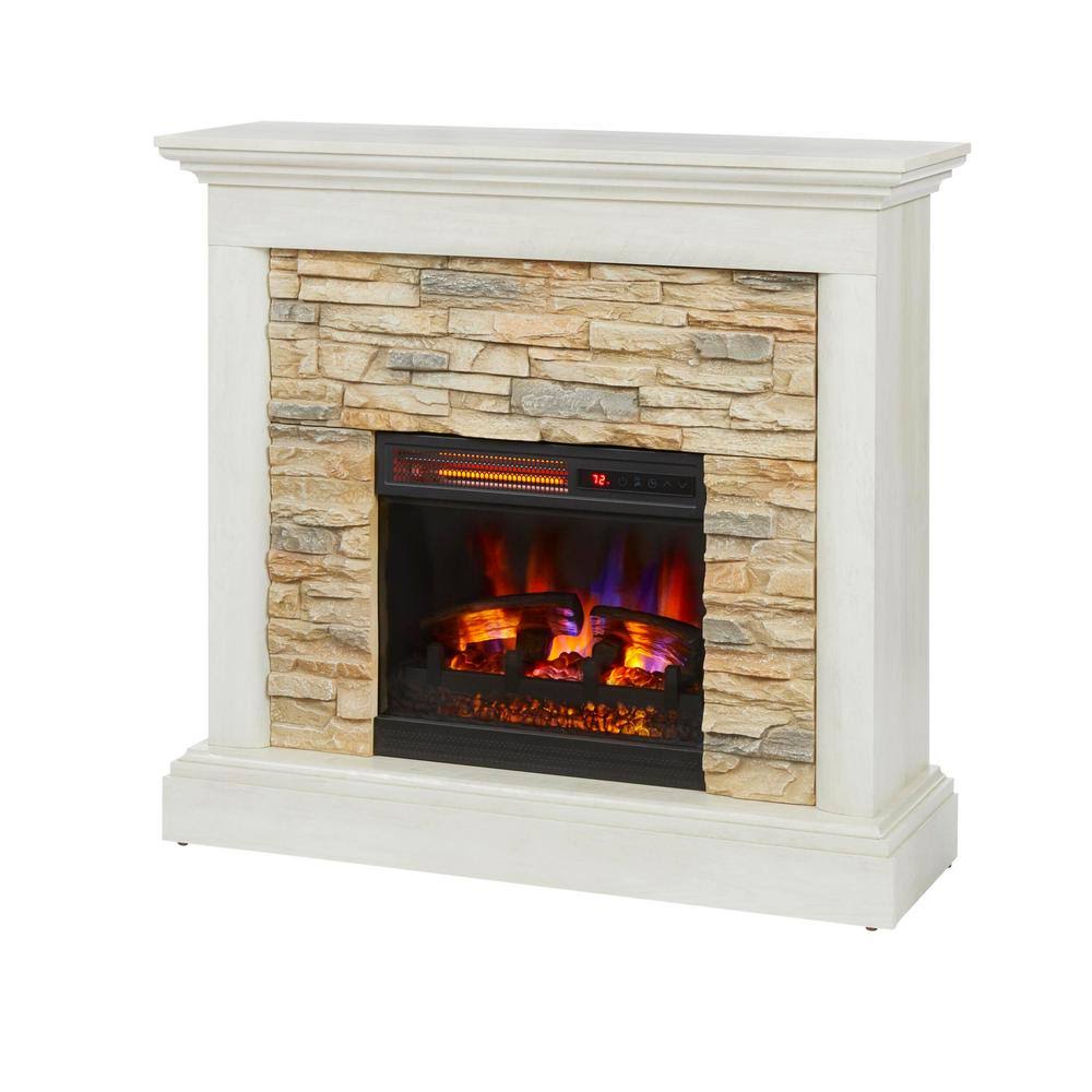 Tan Freestanding Electric Fireplace with Faux Stone F1016