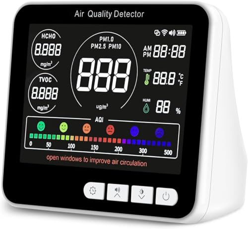 14 in 1 Air Quality Monitor Indoor with Beep Alarm, PM1.0|PM2.5|PM10|HCHO|TVOC|AQI|Temperature|Humidity|Time, Battery Powered Air Monitor J639254