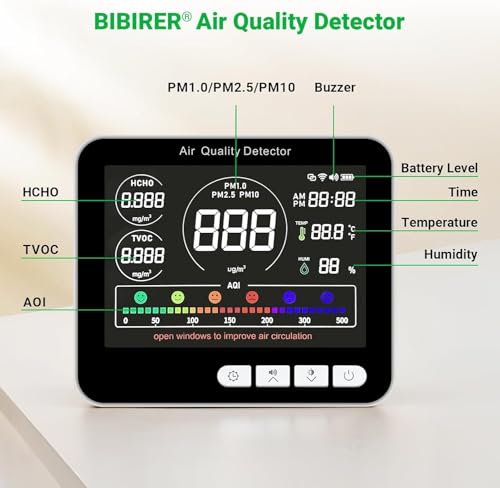 14 in 1 Air Quality Monitor Indoor with Beep Alarm, PM1.0|PM2.5|PM10|HCHO|TVOC|AQI|Temperature|Humidity|Time, Battery Powered Air Monitor J639254