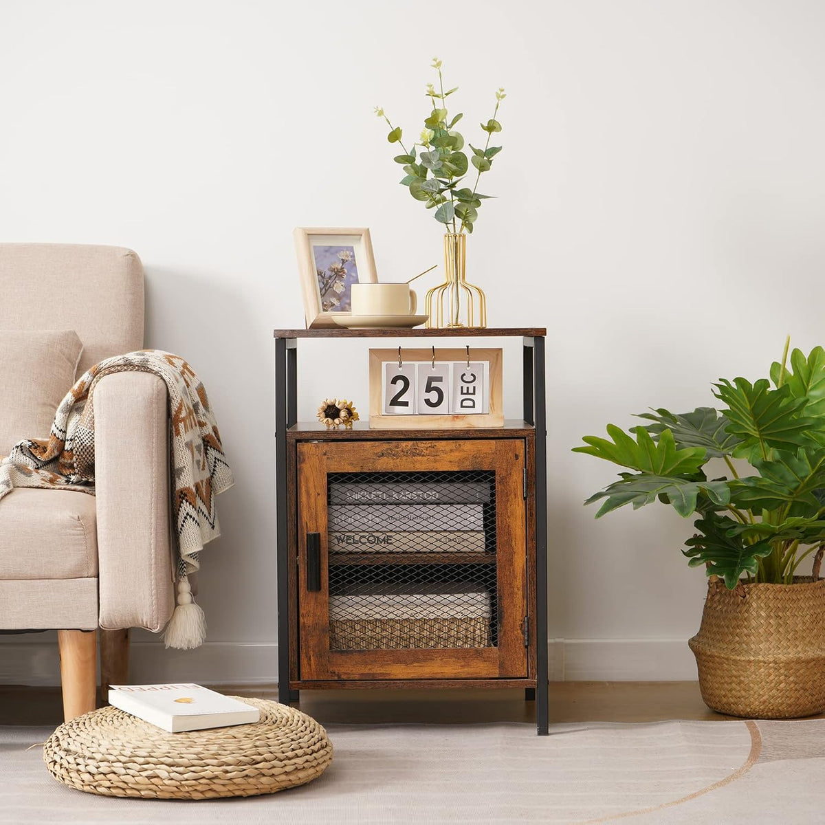 Rustic Brown Night Stand with Open Shelf and Mesh Door J390