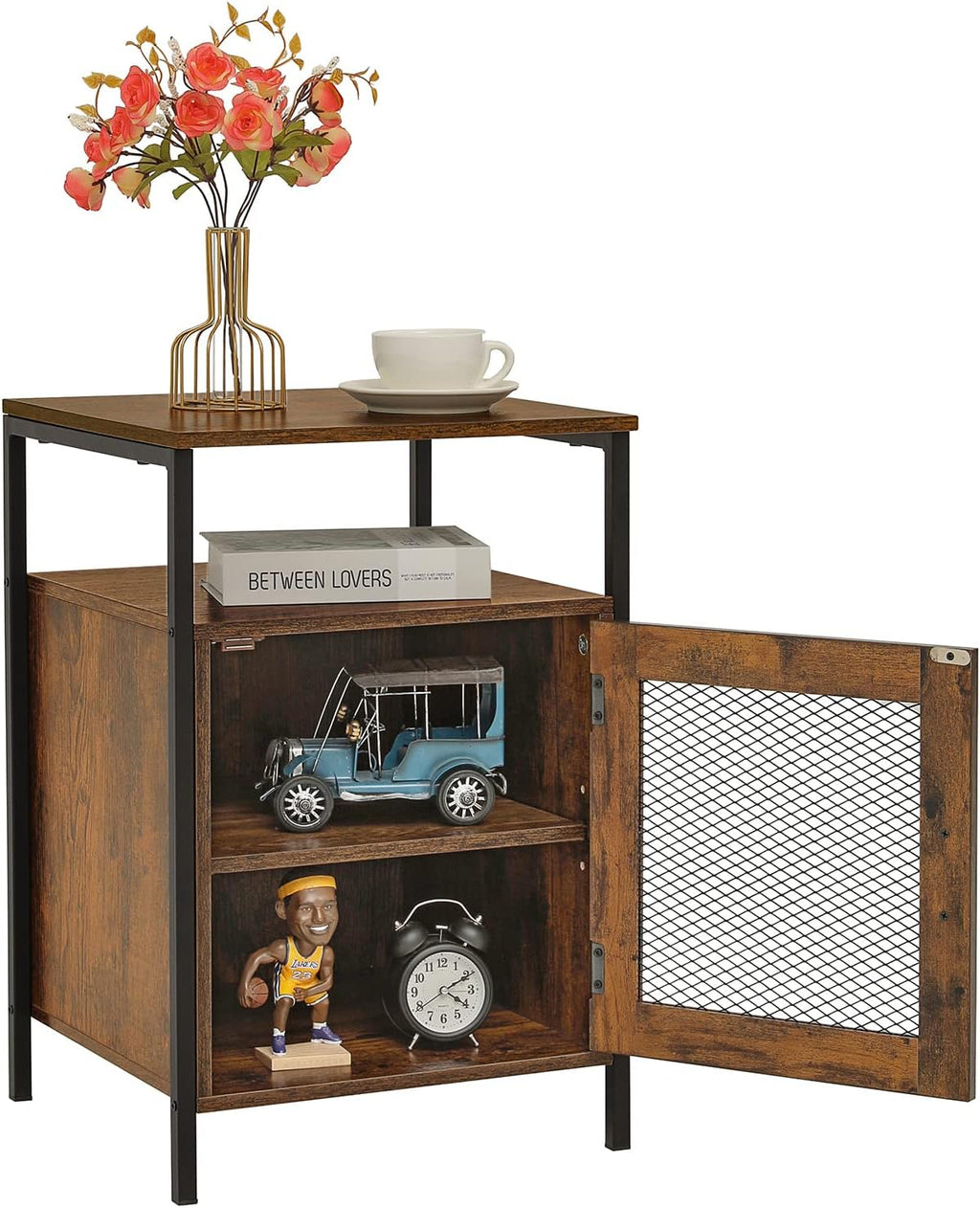 Rustic Brown Night Stand with Open Shelf and Mesh Door J390