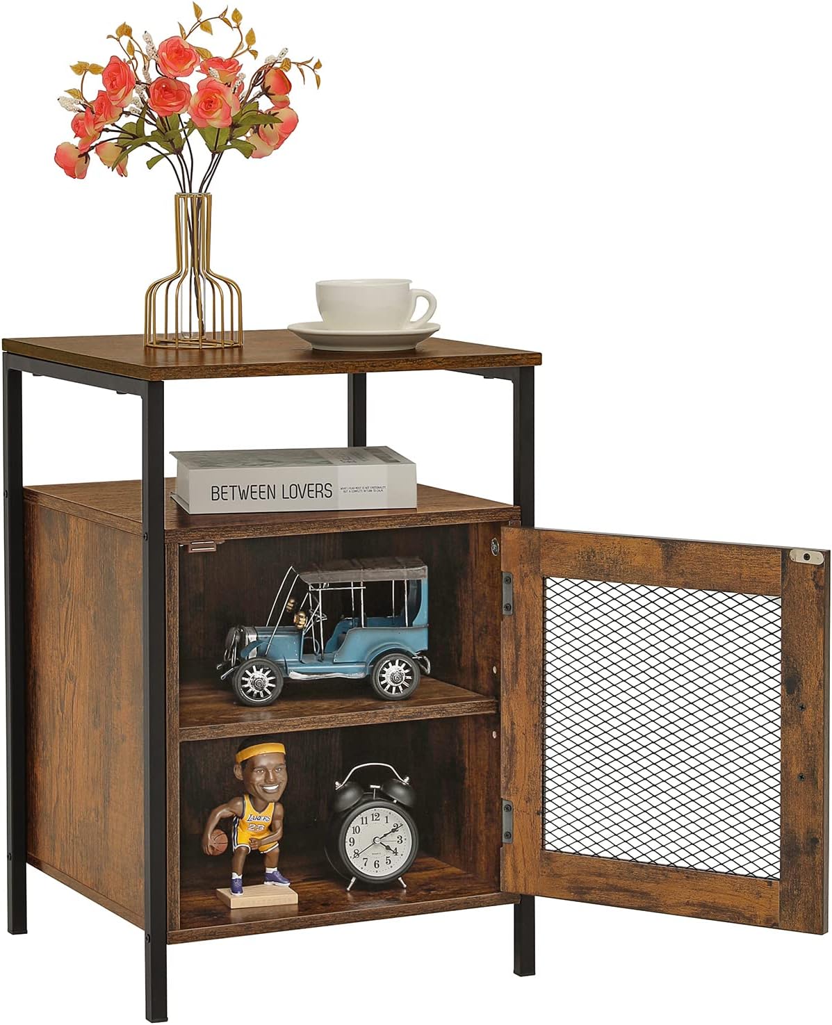 Rustic Brown Night Stand with Open Shelf and Mesh Door J390