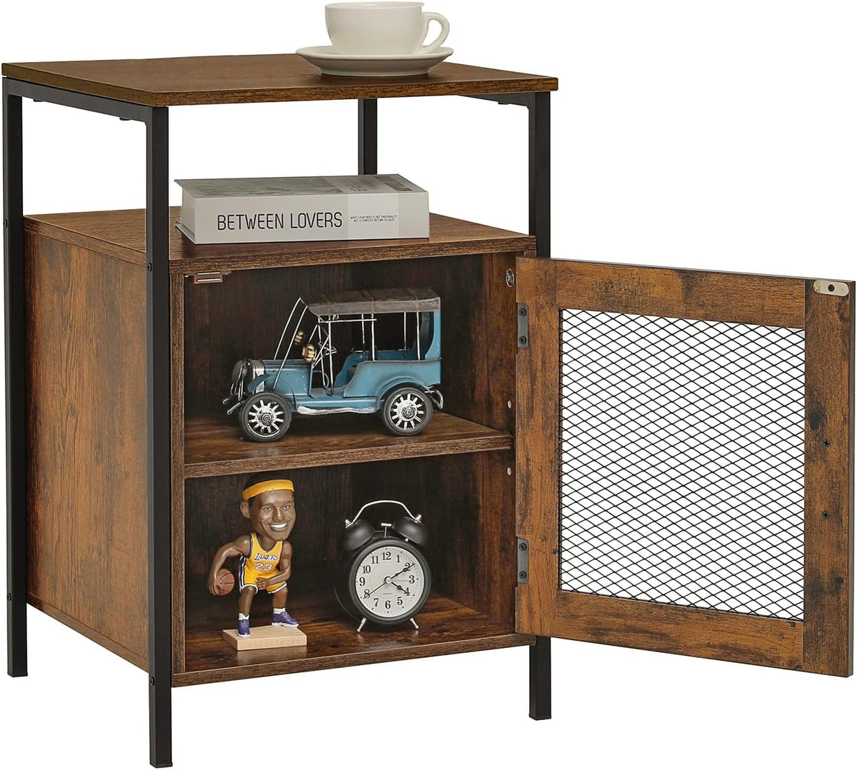 Rustic Brown Night Stand with Open Shelf and Mesh Door J390