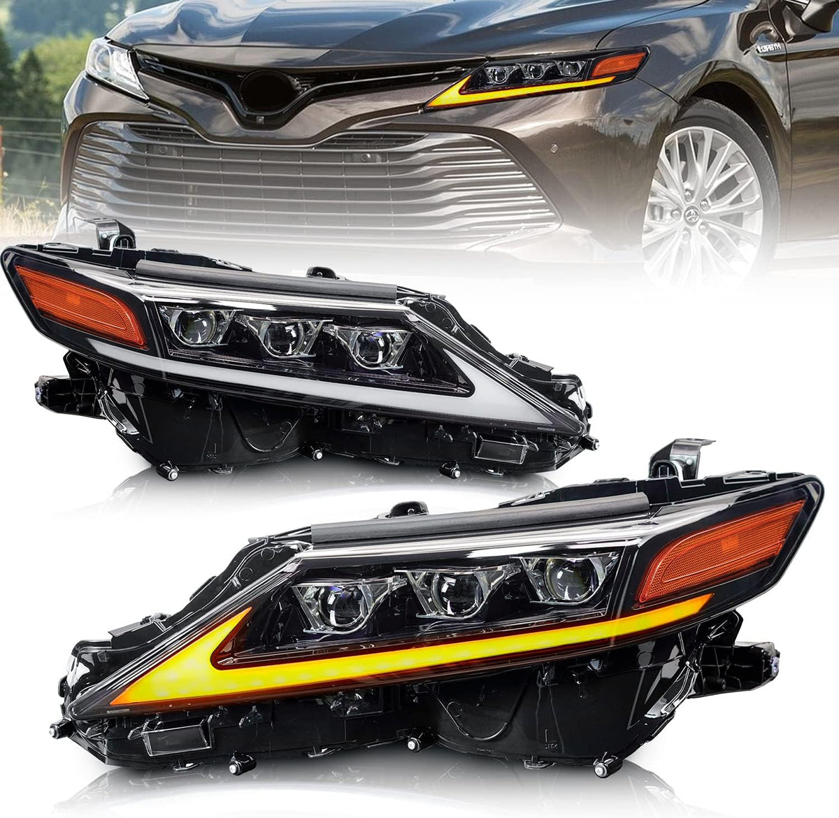 LED Headlights Assembly with Dynamic Turn Signal DRL Projector, 1 Pair J8930