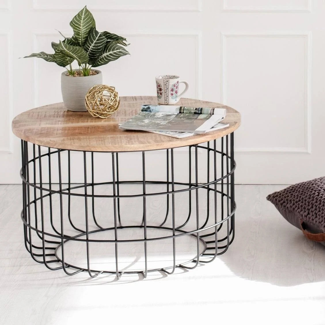 Black and Natural Wood Cage Coffee Table X878539