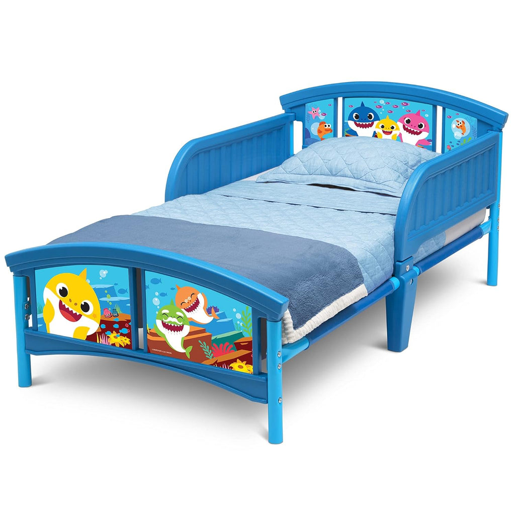 Baby Shark Plastic Toddler Bed and Twinkle Galaxy Dual Sided Crib and Toddler Mattress Bundle Y772779