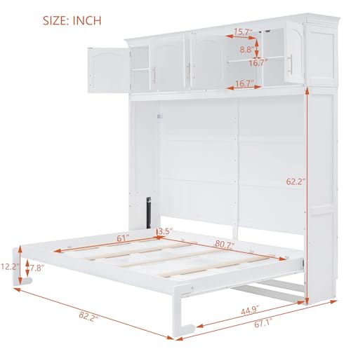 White Solid Wood Queen Murphy Bed with Cabinets P5636