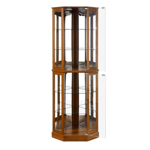 Lighted Corner Display Curio Cabinet 6-Shelf Wooden Display Cabinet with Adjustable Shelves 72" Tall Glass Shelving Unit Walnut E603