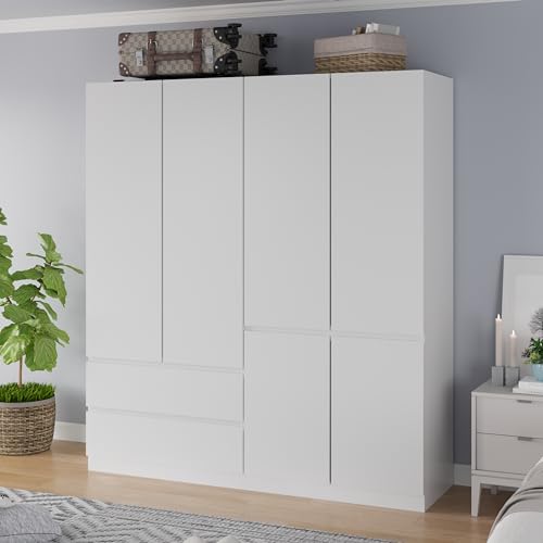 White 4 Door 2 Drawers Wooden Armoire Wardrobe with Shelves and Hanging Rod I87605
