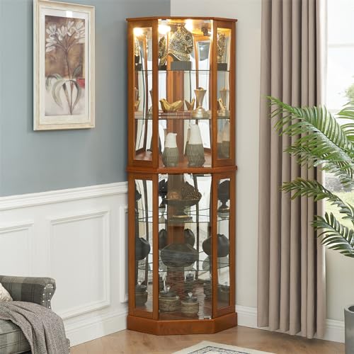 Lighted Corner Display Curio Cabinet 6-Shelf Wooden Display Cabinet with Adjustable Shelves 72" Tall Glass Shelving Unit Walnut E603