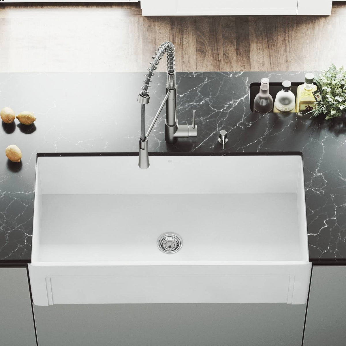 White Matte Stone Farmhouse Kitchen Sink with Grid H47116
