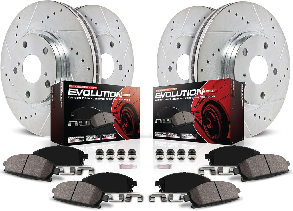 Front and Rear Carbon Fiber Brake Pads with Drilled & Slotted Brake Rotors Kit A2497