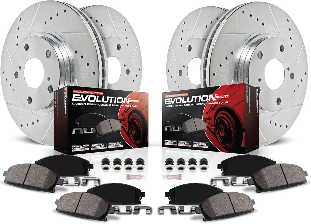 Front and Rear Carbon Fiber Brake Pads with Drilled & Slotted Brake Rotors Kit A2497