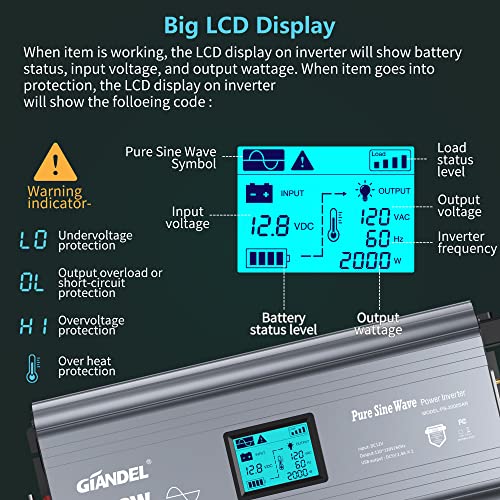 2000W Pure Sine Wave Power Inverter DC 12V to AC 120V with LCD Display P443544