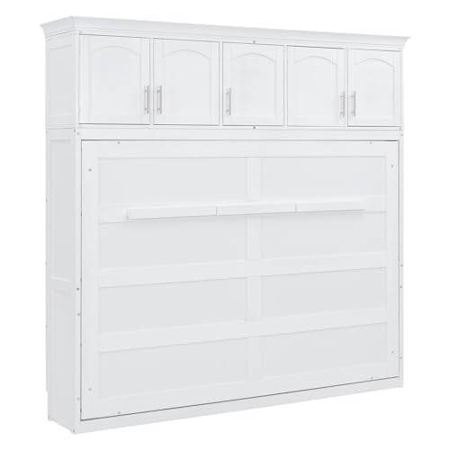 White Solid Wood Queen Murphy Bed with Cabinets P5636