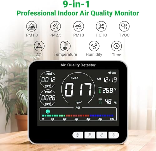 14 in 1 Air Quality Monitor Indoor with Beep Alarm, PM1.0|PM2.5|PM10|HCHO|TVOC|AQI|Temperature|Humidity|Time, Battery Powered Air Monitor J639254