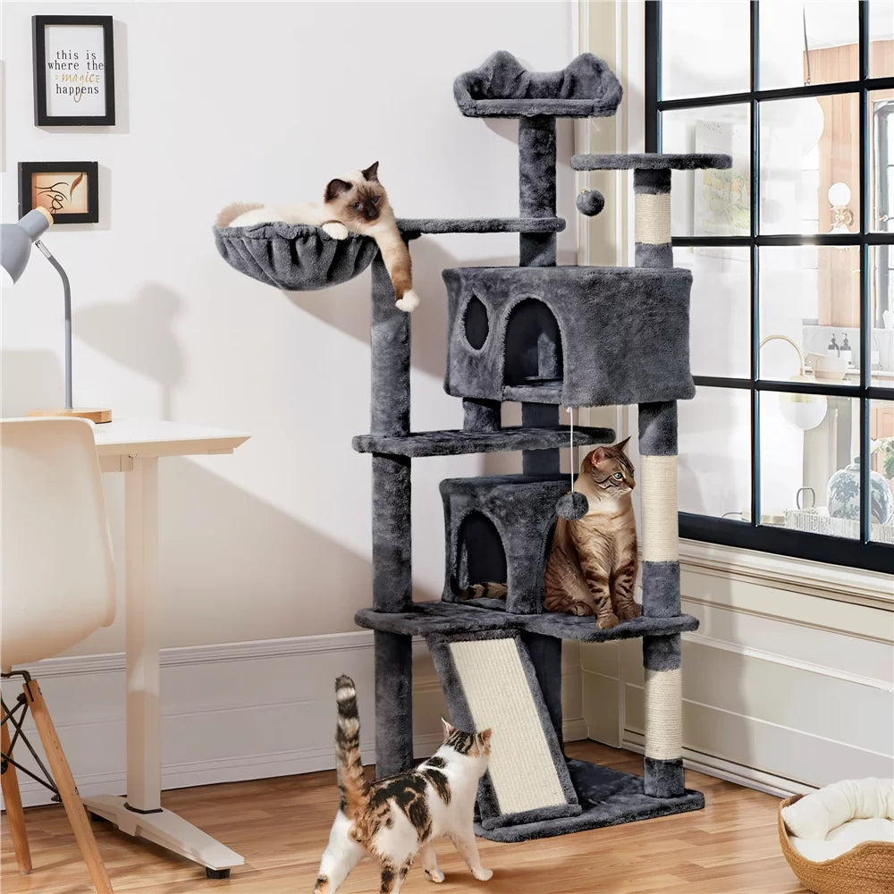 54" Double Condo Cat Tree with Scratching Post Tower, Dark Gray I142