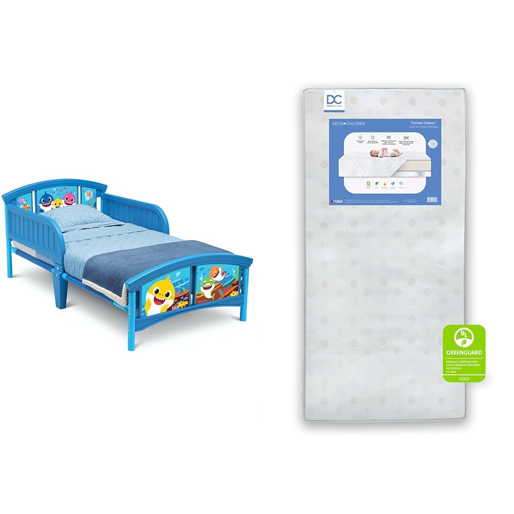 Baby Shark Plastic Toddler Bed and Twinkle Galaxy Dual Sided Crib and Toddler Mattress Bundle Y772779