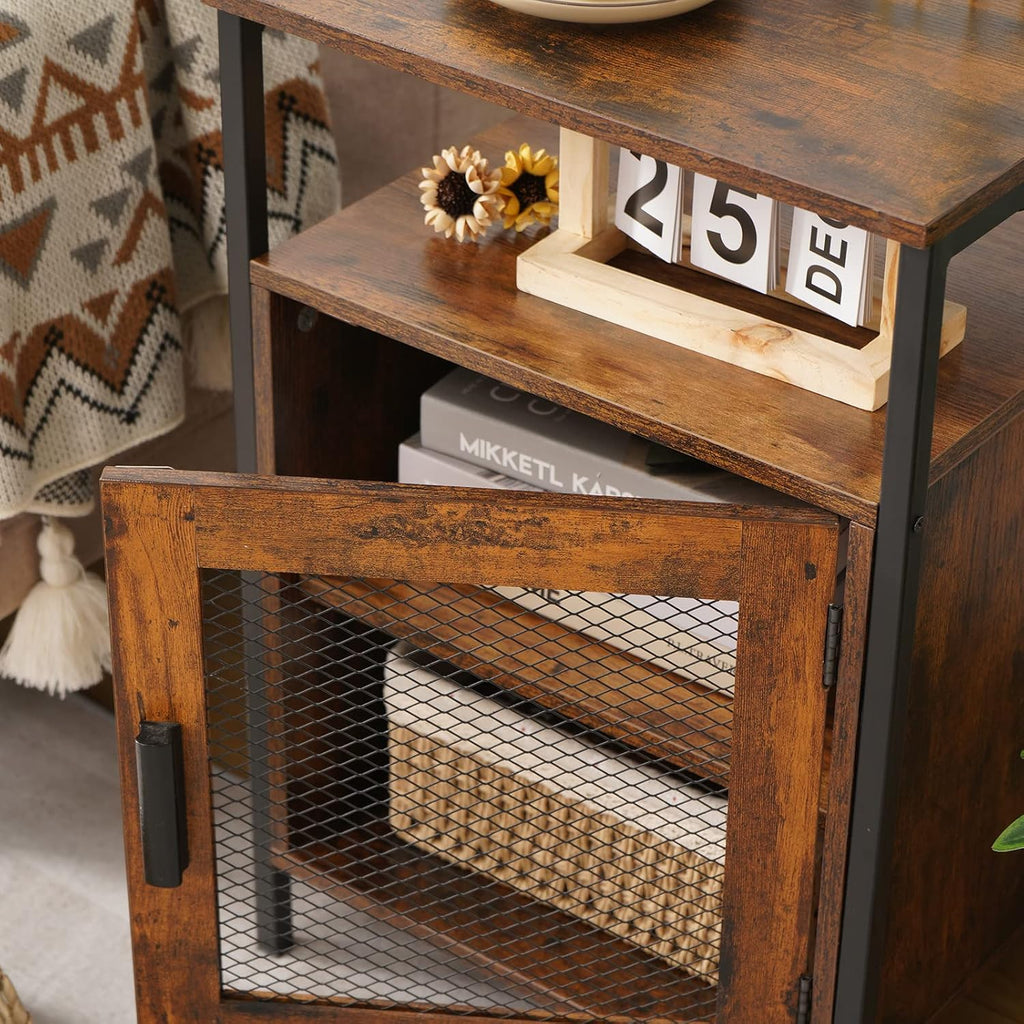 Rustic Brown Night Stand with Open Shelf and Mesh Door J390