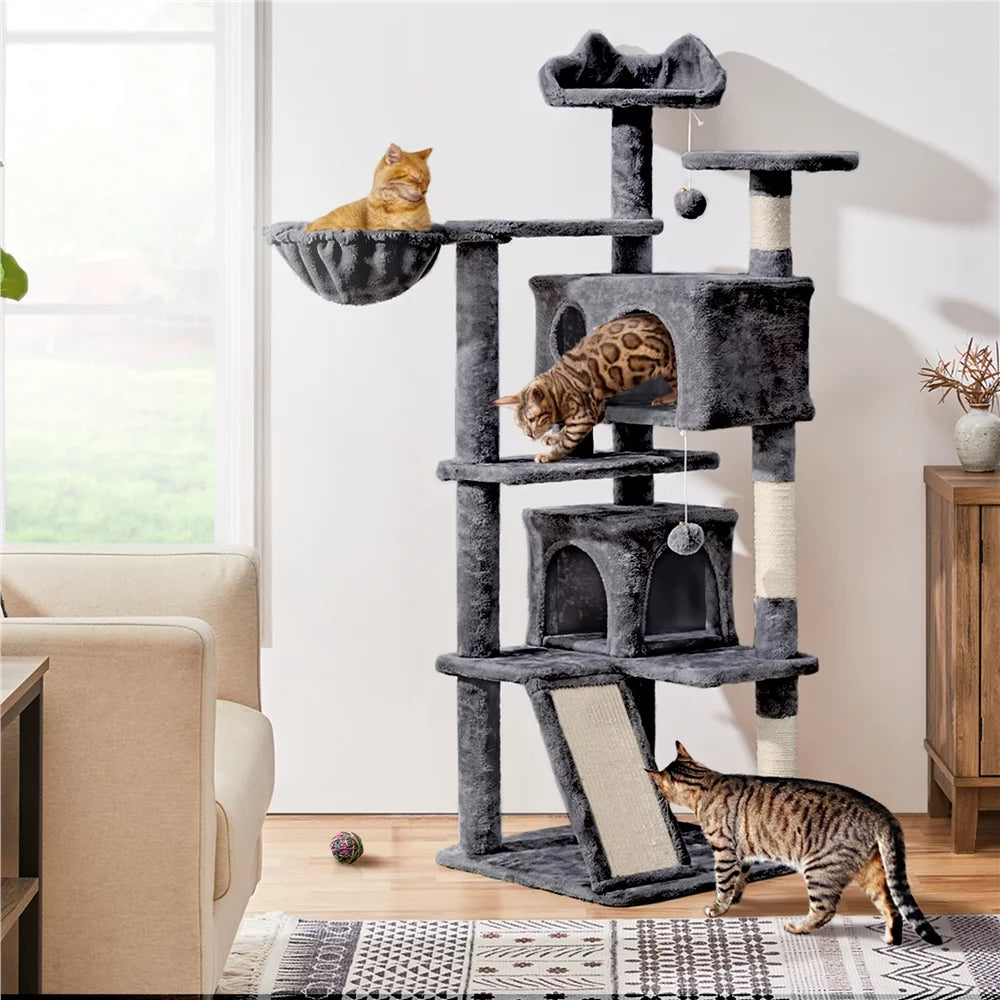 54" Double Condo Cat Tree with Scratching Post Tower, Dark Gray I142