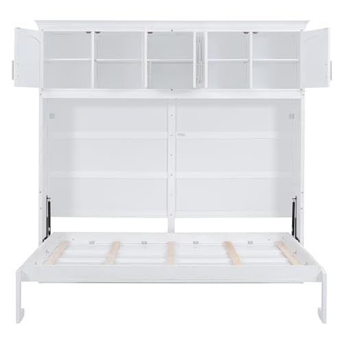 White Solid Wood Queen Murphy Bed with Cabinets P5636